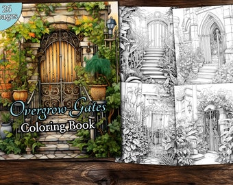 Libro para colorear en escala de grises de Overgrown Gateway: Paisaje fantástico (PDF)