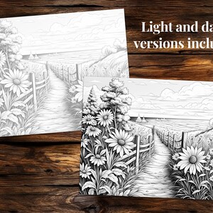May include: A black and white line drawing of a path leading to a beach with sailboats in the distance. The path is lined with a wooden fence and wildflowers.