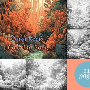 Pode incluir: Um livro para colorir com 11 páginas que apresenta ilustrações detalhadas de um recife de coral. A capa mostra uma cena subaquática colorida com corais, peixes e outras formas de vida marinha.