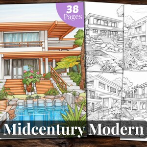 Puede incluir: Un libro para colorear con 38 páginas de casas modernas de mediados de siglo con piscinas. La portada muestra una ilustración colorida de una casa de dos pisos con una piscina y un exuberante paisaje.