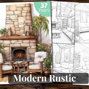 May include: A digital colouring book with 37 pages featuring a modern rustic living room with a fireplace, two armchairs, and plants. The image includes a black and white outline of the same scene.