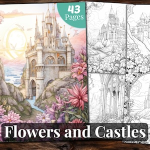 Flowers and Castles Coloring Book, 43 Coloring Pages, for Adults and for Kids coloring, Grayscale Coloring Book, Printable PDF