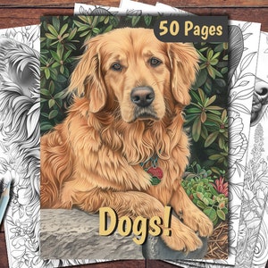 Dogs Coloring Book, 50 Coloring Pages, For Adults and Kids, Grayscale Coloring Book, Printable PDF