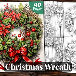 Könnte beinhalten: Ein Weihnachtskranz mit roten Weihnachtssternen, Stechpalme, Beeren und einer roten Schleife. Der Kranz befindet sich auf einem weißen Hintergrund. 40 Seiten.