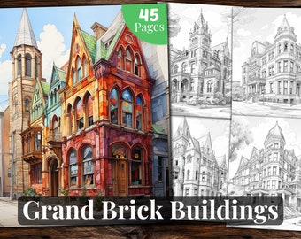 Großartiges Backstein-Gebäude Malbuch: 45 druckbare Seiten (PDF)