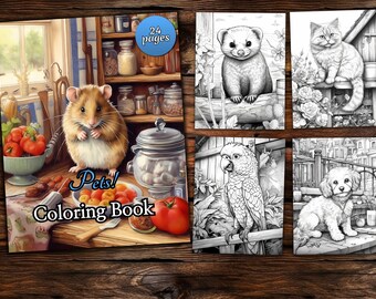 Cute Pets Coloring Book, Grayscale Animal Illustrations (PDF Download)
