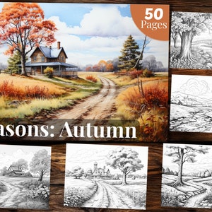 Autumn Season Coloring Book, 50 Coloring Pages, for Adults and for Kids coloring, Grayscale Coloring Book, Printable PDF
