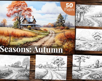 Autumn Grayscale Coloring Book: 50 Printable Pages (PDF)