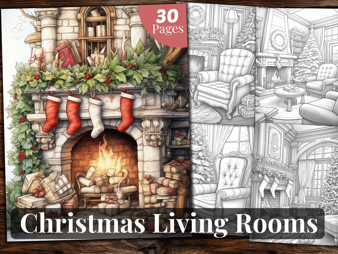 Christmas Living Rooms Coloring Book: 30 Grayscale Pages (printable PDF ...