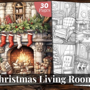 Christmas Living Rooms Coloring Book, 30 Coloring Pages, For Adults and Kids, Grayscale Coloring Book, Printable PDF