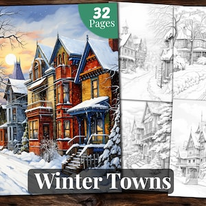 Winter Towns Coloring Book, 32 Coloring Pages, For Adults and Kids, Grayscale Coloring Book, Printable PDF