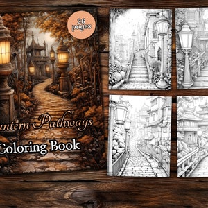 Lantern Pathways Houses Coloring Page Book, Fantasy Coloring Book, Adult coloring book, Grayscale Coloring Page, Garden Coloring page