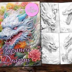 Japanese Dragon Coloring Page Book, Fantasy Coloring Book, Adult coloring book, Grayscale Coloring Page, Fantasy Coloring page