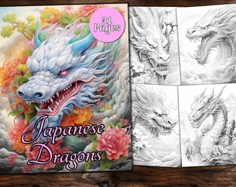 Japanese Dragon Coloring Page Book, Fantasy Coloring Book, Adult coloring book, Grayscale Coloring Page, Fantasy Coloring page