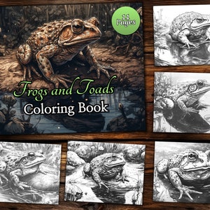 Frogs and Toads Coloring Page Book, Fantasy Coloring Book, Adult coloring book, Grayscale Coloring Page, Animals Coloring page
