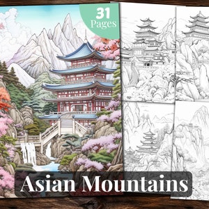 Asian Mountains Coloring Book, 31 Coloring Pages, for Adults and for Kids coloring, Grayscale Coloring Book, Printable PDF