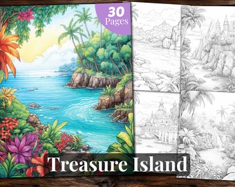 Treasure Island Coloring Book: 30 Grayscale Pages (Printable PDF)