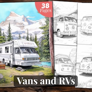 Vans and RVs Coloring Book, 38 Coloring Pages, for Adults and for Kids coloring, Grayscale Coloring Book, Printable PDF