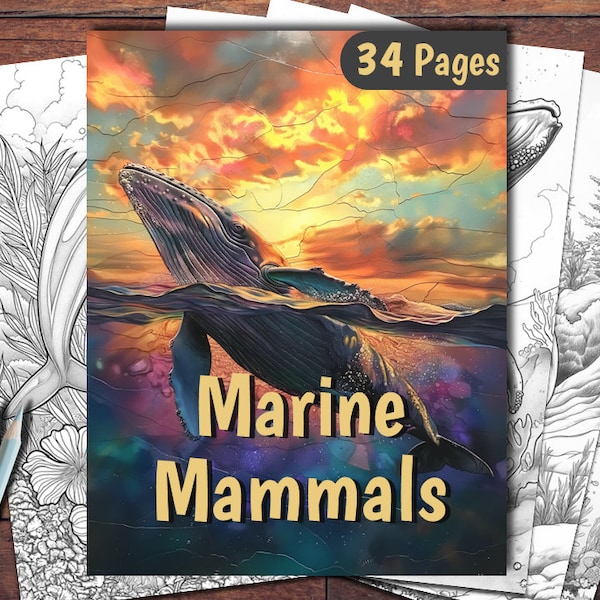 Marine Mammals Coloring Book, 34 Coloring Pages, For Adults and Kids, Grayscale Coloring Book, Printable PDF