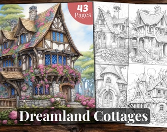 Dreamland Cottages Coloring Book: 43 Grayscale Pages (Printable PDF)