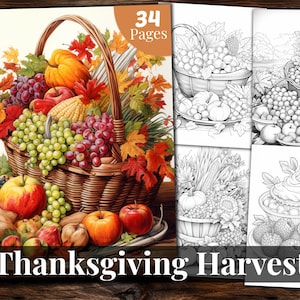 Thanksgiving Harvest Coloring Book, 34 Coloring Pages, For Adults and Kids, Grayscale Coloring Book, Printable PDF