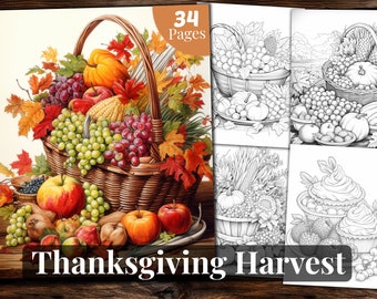 Thanksgiving Harvest Coloring Book: 34 Grayscale Pages (Printable PDF)