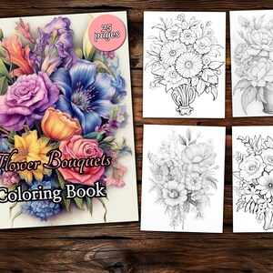 Flower Bouquet Coloring Page Book, Fantasy Coloring Book, Adult coloring book, Grayscale Coloring Page, Flower Coloring page