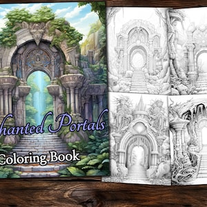 Enchanted Portals Coloring Page Book, Fantasy Coloring Book, Adult coloring book, Grayscale Coloring Page, Fantasy Coloring page