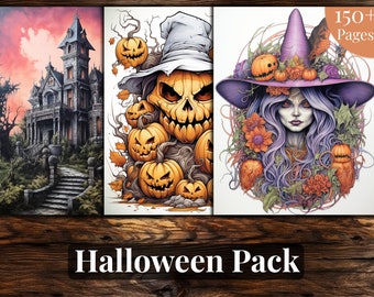 Può includere: Un pacchetto di libri da colorare di Halloween con tre immagini: una casa infestata, una zucca intagliata e una strega con i capelli viola. Il testo "150+ Pagine" è nell'angolo in alto a destra. Il testo "Halloween Pack" è nella parte inferiore dell'immagine.