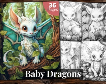 Libro para colorear de dragones bebés: 36 páginas en escala de grises (PDF imprimible)