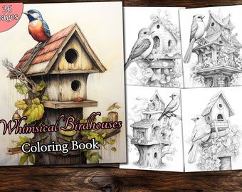 May include: A coloring book with 36 pages featuring whimsical birdhouses. The cover shows a detailed illustration of a birdhouse with a bird perched on top. The inside pages feature black and white illustrations of birdhouses with birds.