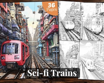 Sci-fi Trains Coloring Book: 36 Grayscale Pages (Printable PDF)