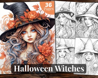 Halloween Witches Coloring Book: 36 Grayscale Pages (Printable PDF)