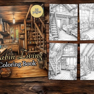 Puede incluir: Un libro para colorear titulado "Cabin Living Coloring Book" con una imagen de portada de una cocina rústica de cabaña. El libro tiene 29 páginas y presenta cuatro ilustraciones en blanco y negro de diferentes habitaciones de la cabaña.