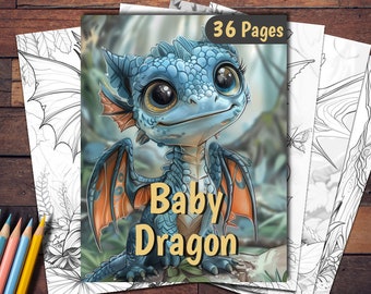Baby Dragon Coloring Book: 36 Fantasy Pages, Grayscale Art (Printable PDF)