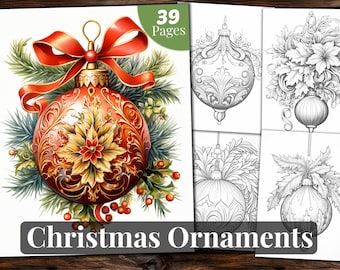 Christmas Ornaments Coloring Book, 39 Coloring Pages, For Adults and Kids, Grayscale Coloring Book, Printable PDF