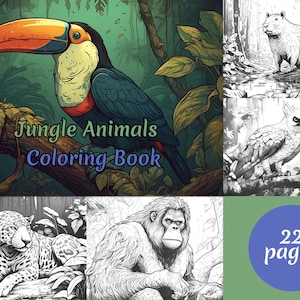 Dschungel Tiere Malvorlagen Buch, Erwachsene & Kinder - Sofort Download Graustufen Malseite, Printable PDF, Dschungel Tiere Ausmalbilder
