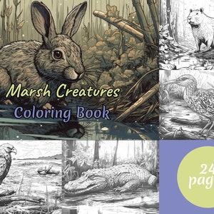Marsh Creatures Page Book, Fantasy Coloring Book, Adult coloring book, Grayscale Coloring Page, Printable PDF, Animal Coloring page