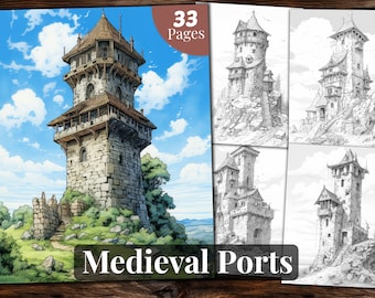 Medieval Towers Coloring Book: 33 Grayscale Pages (Printable PDF)