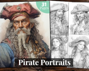 Pirate Portraits Coloring Book: 31 Grayscale Pages (Printable PDF)