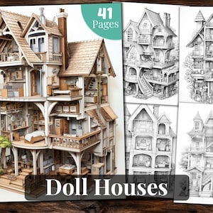 Doll Houses Coloring Book, 41 Coloring Pages, for Adults and for Kids coloring, Grayscale Coloring Book, Printable PDF