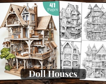 Doll Houses Coloring Book, 41 Coloring Pages, for Adults and for Kids coloring, Grayscale Coloring Book, Printable PDF
