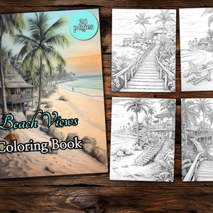 Beach Coloring Page Book, Fantasy Coloring Book, Adult coloring book, Grayscale Coloring Page, Landscape Coloring page