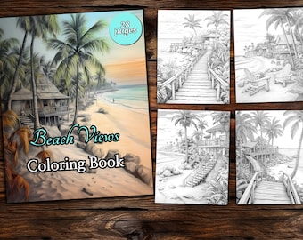 Beach Coloring Book: Grayscale Fantasy Landscapes (PDF Pattern)