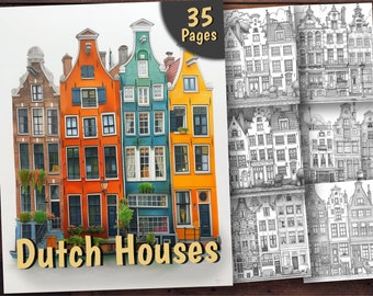 Dutch Houses Coloring Book, 35 Coloring Pages, For Adults and Kids, Grayscale Coloring Book, Printable PDF