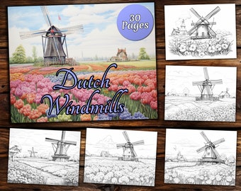 Dutch Windmills Coloring Book: Grayscale Landscape (PDF Download)
