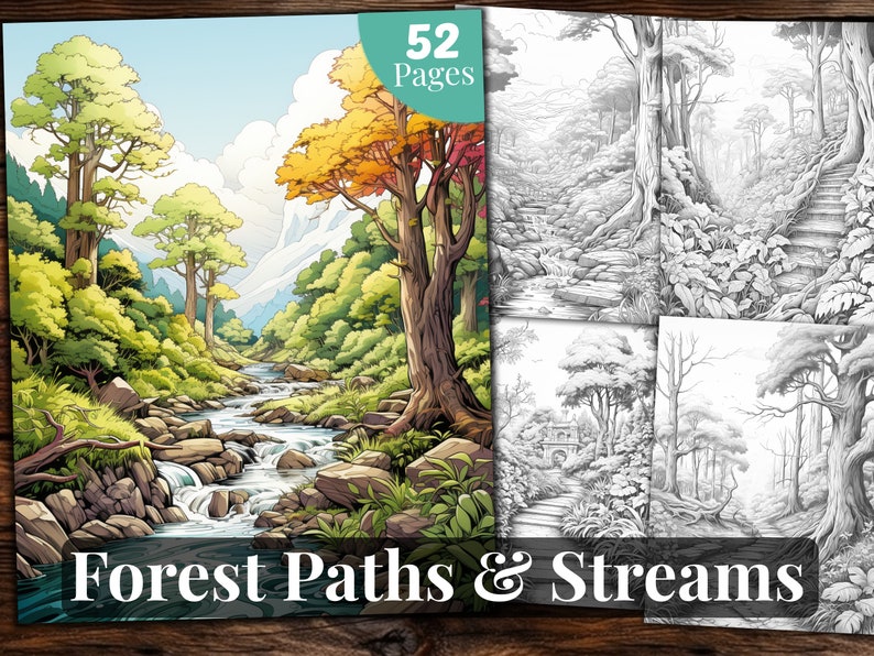 Forest Paths Coloring Book: 52 Grayscale Pages for Adults & Kids ...