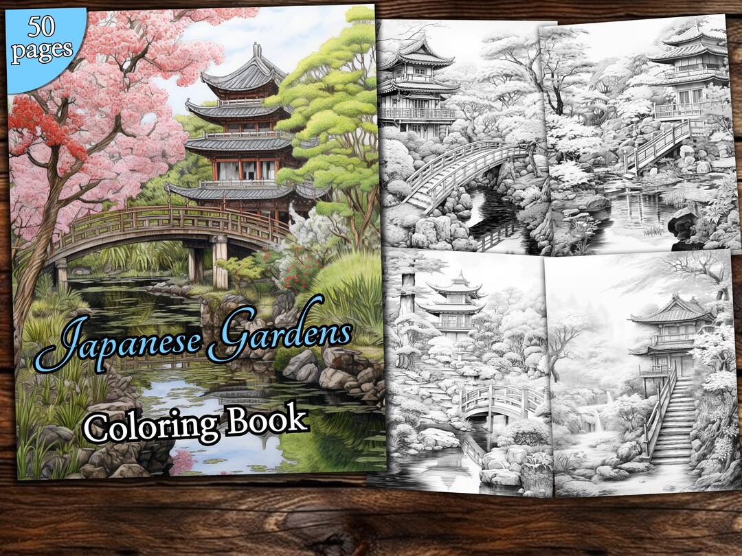 Japanese Garden Coloring Page Book, Fantasy Coloring Book, Adult