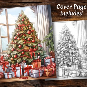 May include: A Christmas-themed coloring book with a cover page featuring a decorated Christmas tree with red ornaments and presents. The cover page also includes a black and white outline of the same scene for coloring.