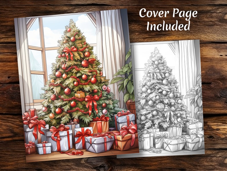 May include: A Christmas-themed coloring book with a cover page featuring a decorated Christmas tree with red ornaments and presents. The cover page also includes a black and white outline of the same scene for coloring.